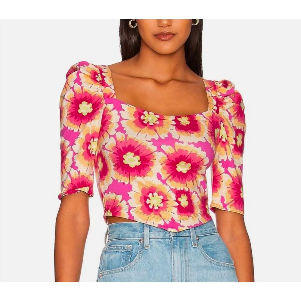 NWT Free People Give Me More Top Pink Floral Puff Sleeve Criss Cross Back Crop M
